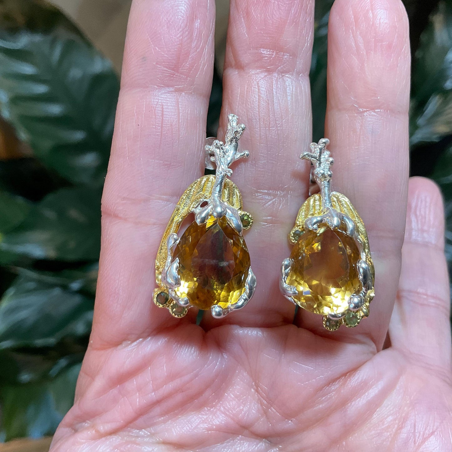 Sterling silver large citrine peridot natural art organic post earrings