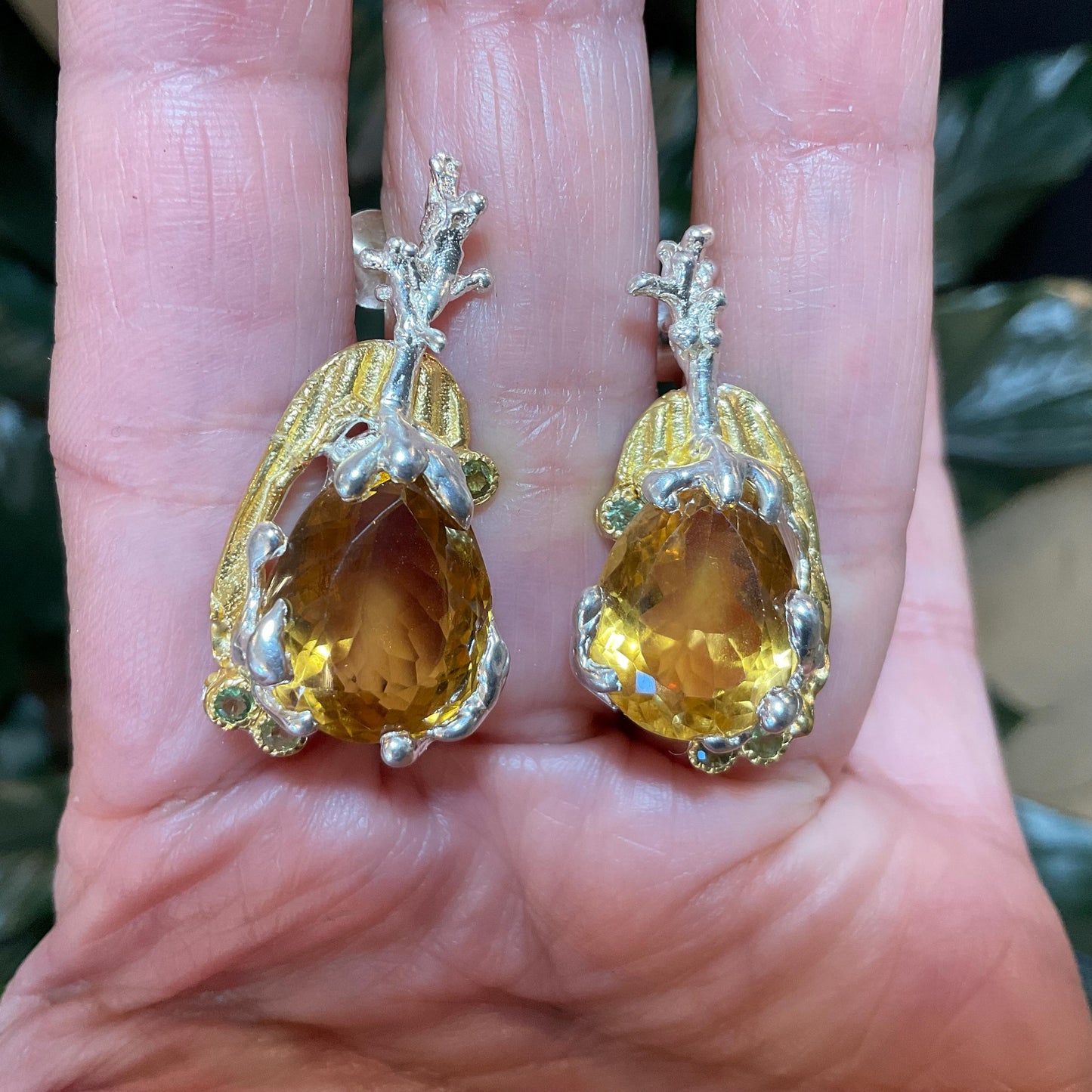 Sterling silver large citrine peridot natural art organic post earrings