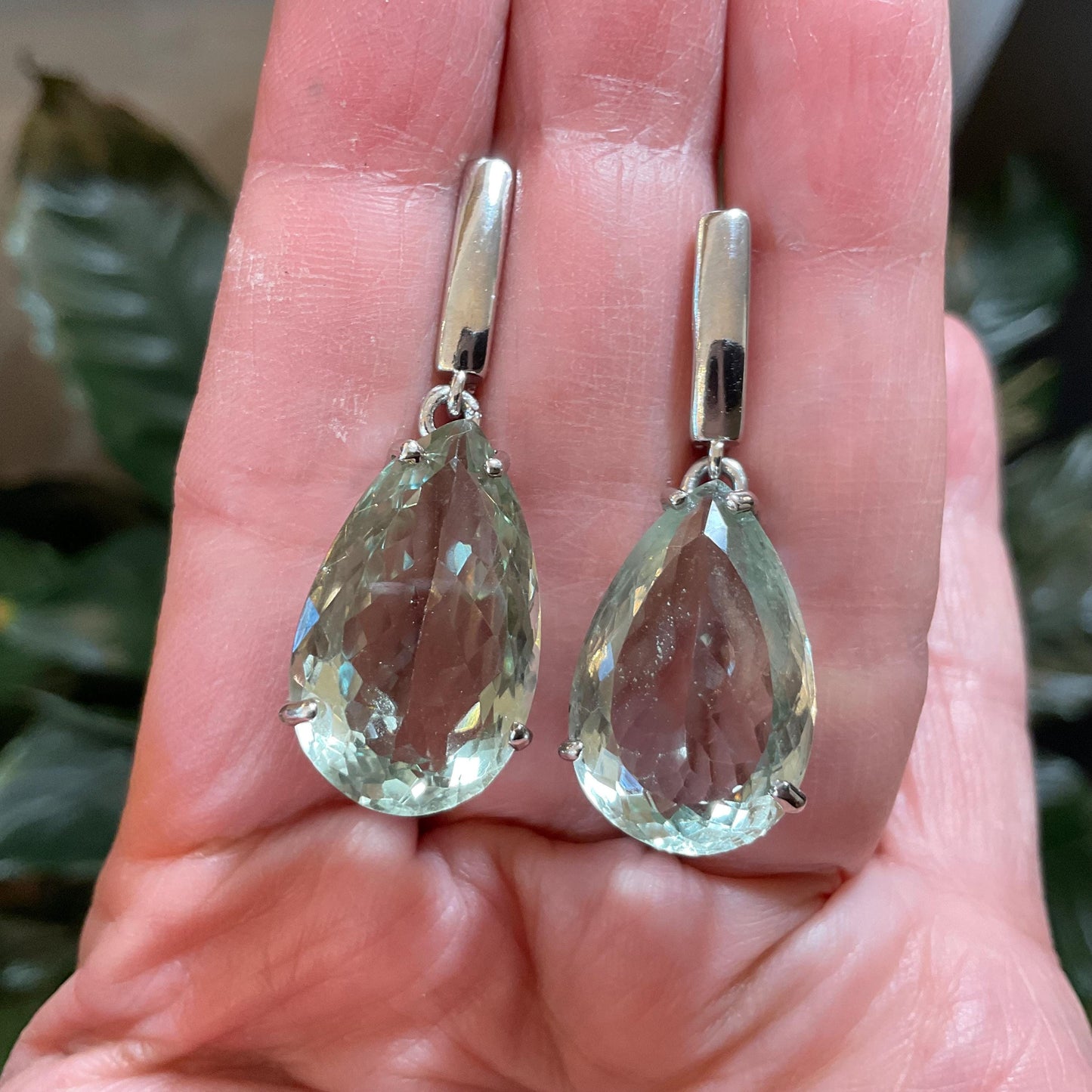 Sterling silver green amethyst pear shape fancy earrings
