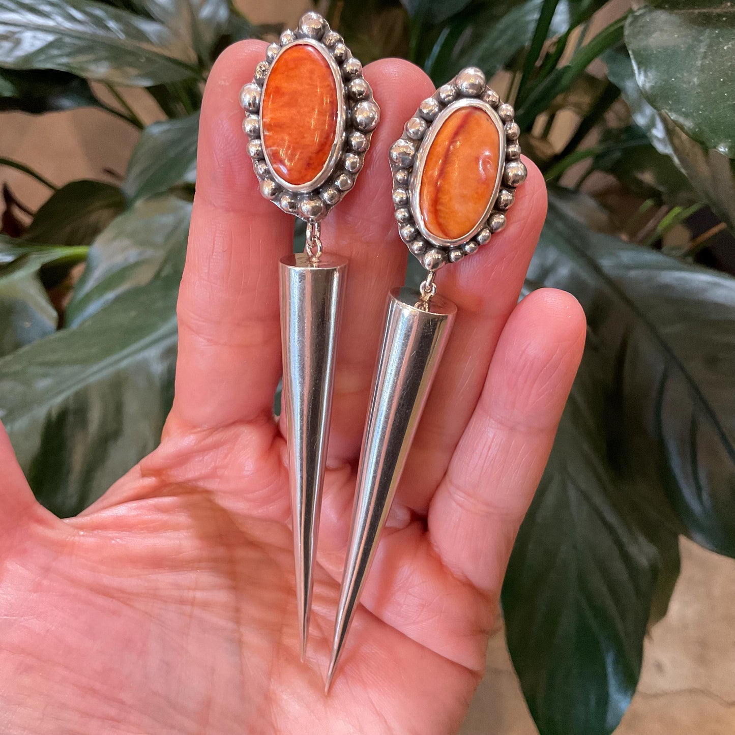 Sterling Silver large orange spiny oyster long dangle spike earrings 4.5” long Colors Of Etnika