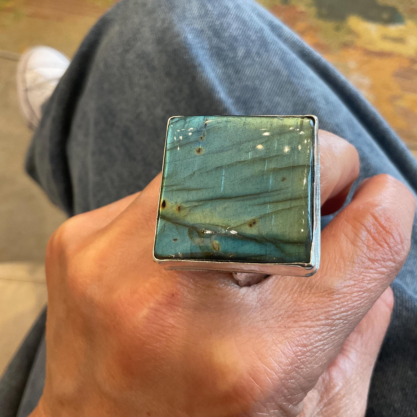 Sterling Statement spectrolite labradorite modernist cuff ring 7.5-10