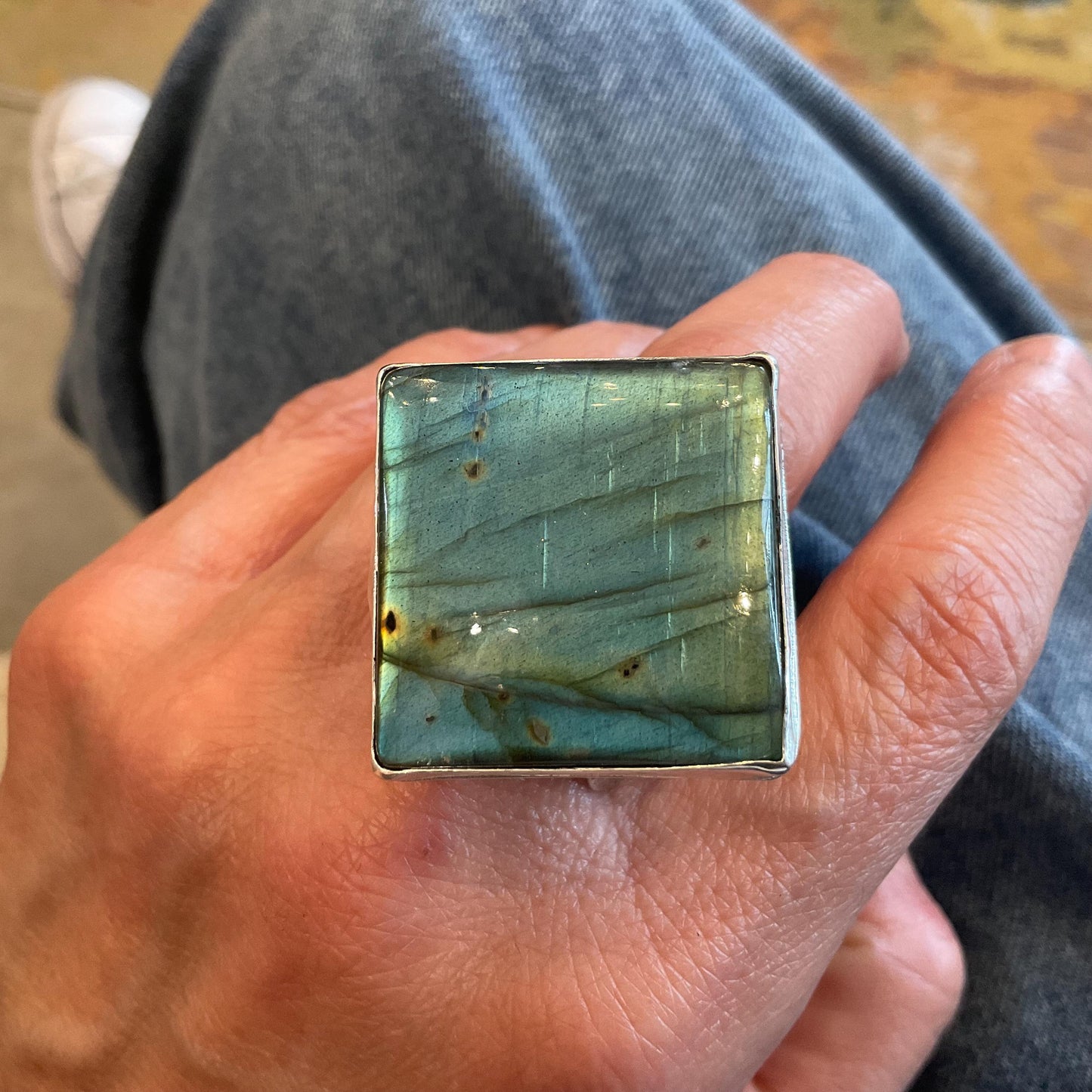 Sterling Statement spectrolite labradorite modernist cuff ring 7.5-10