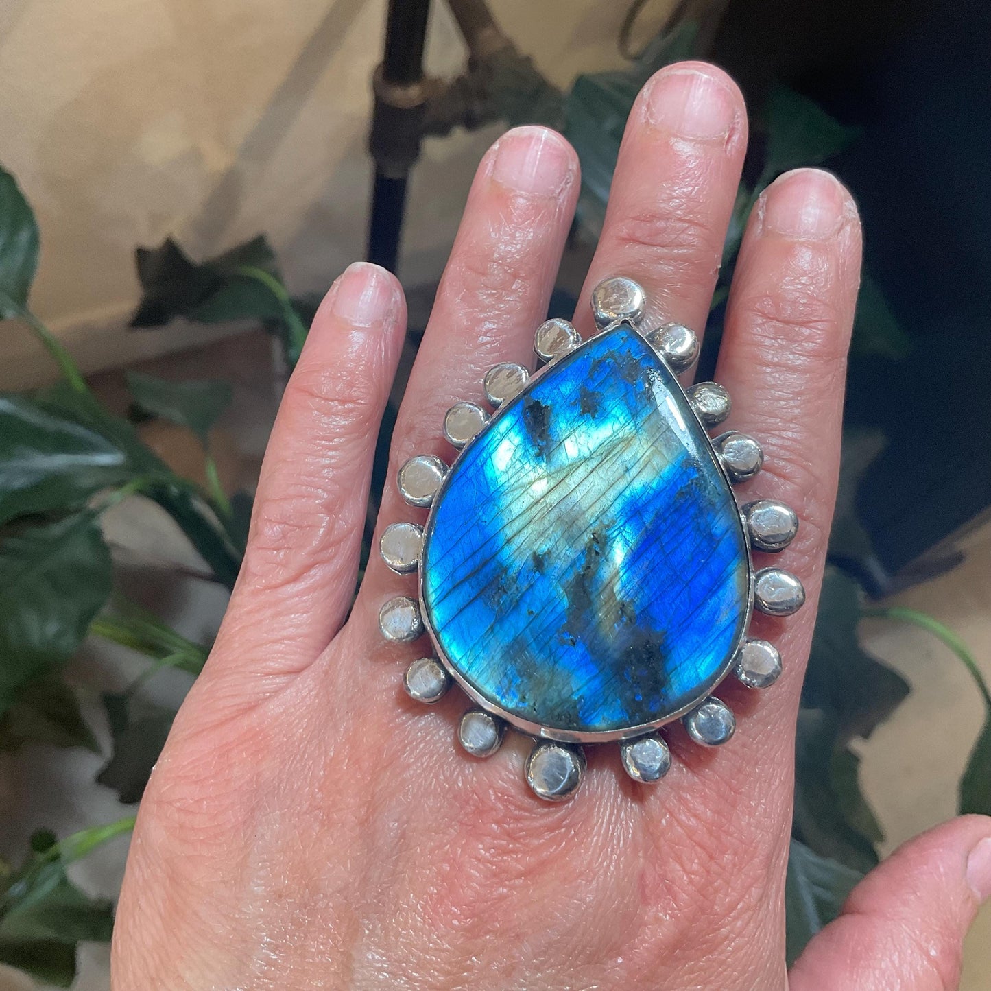 Sterling Statement spectrolite labradorite pear shape cuff massive ring 7 8 9 10