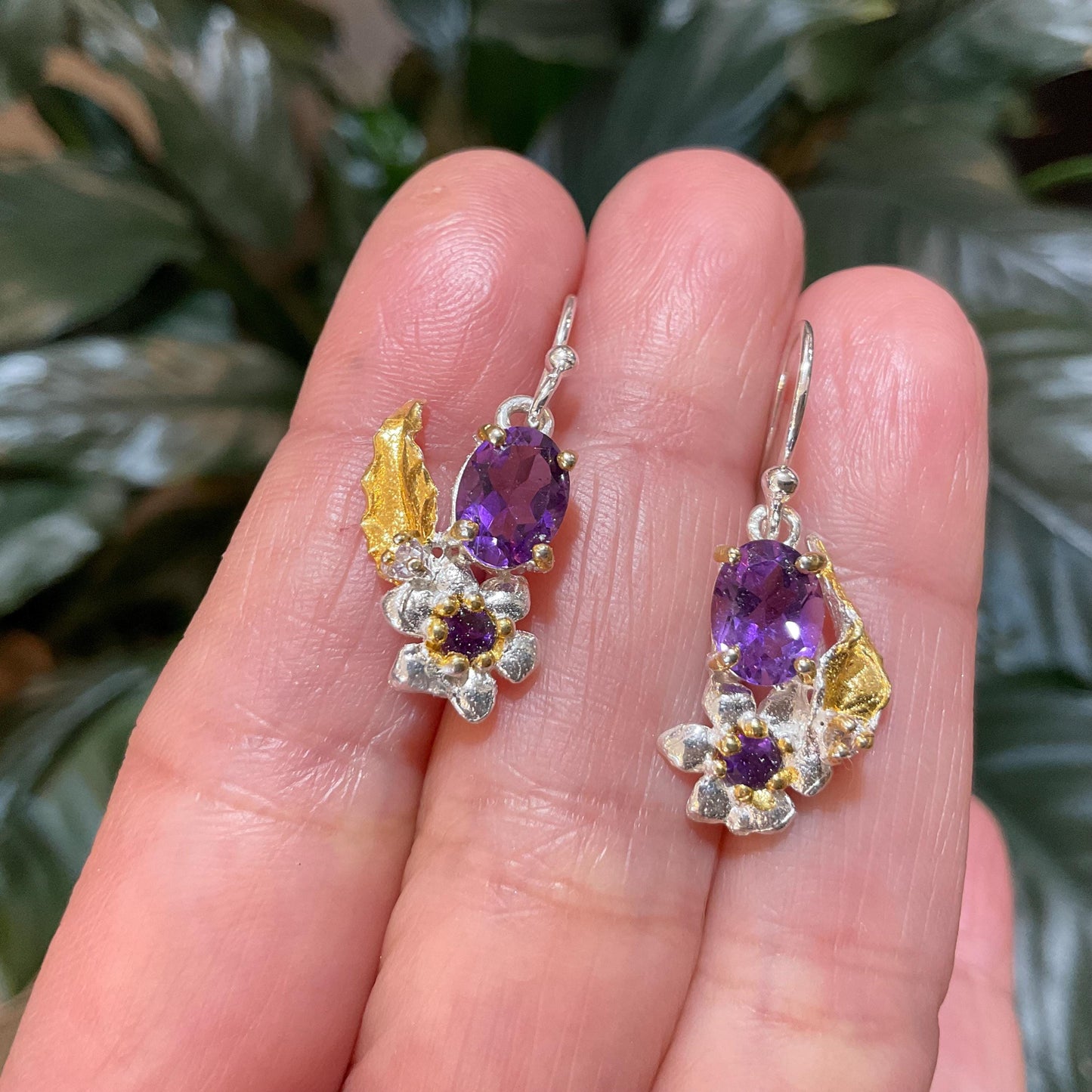 Sterling Silver amethyst flower art dangle earrings