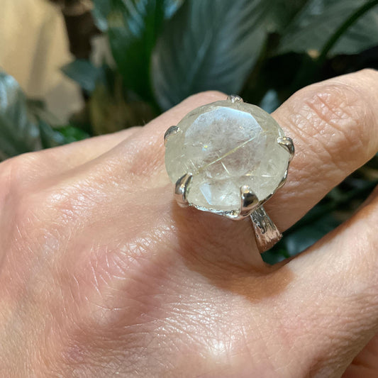 925 sterling silver rutilated golden ribbons quartz solitaire  ring 7.5