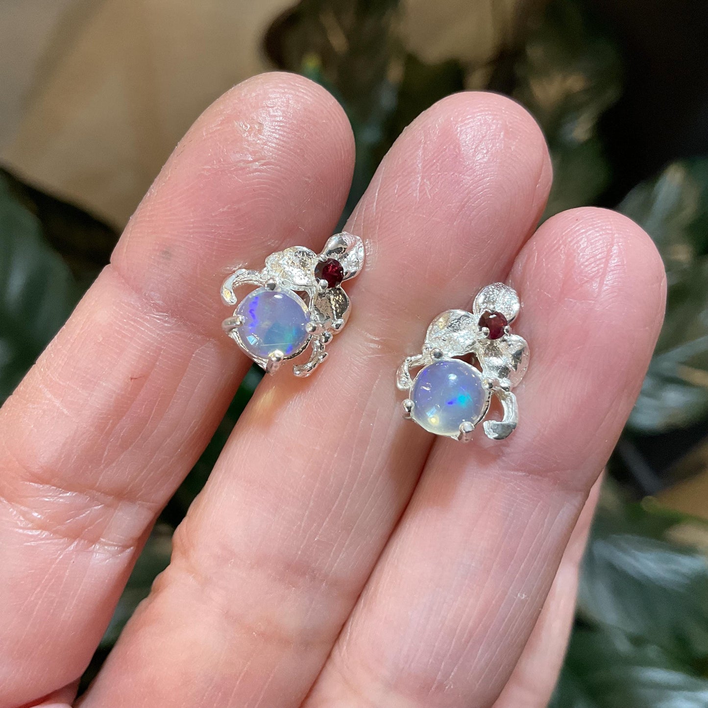 sterling silver rainbow natural opal art Stud rhodokite earrings