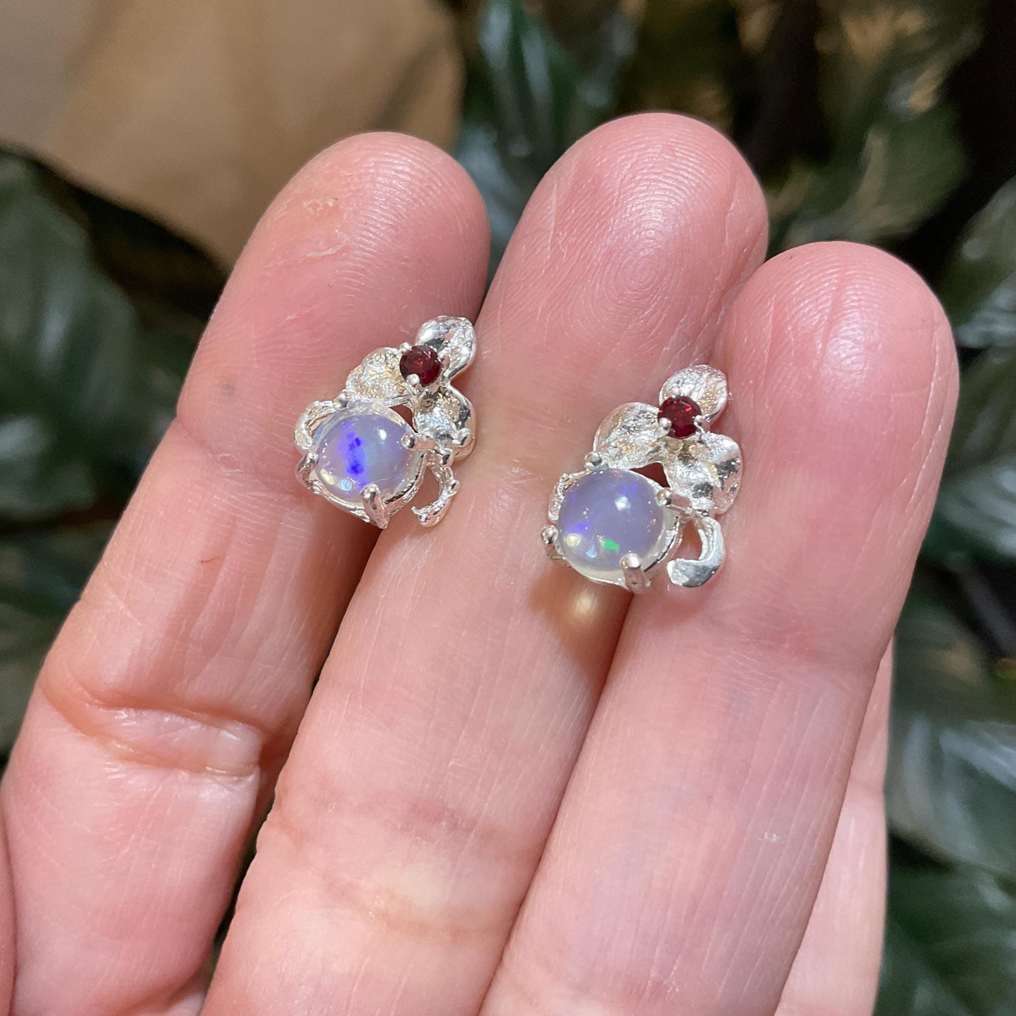 sterling silver rainbow natural opal art Stud rhodokite earrings