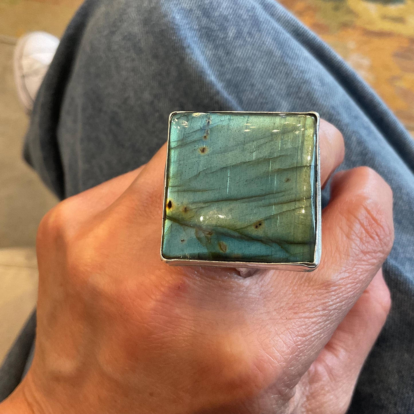 Sterling Statement spectrolite labradorite modernist cuff ring 7.5-10