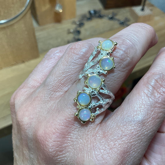 Sterling Silver natural rainbow Opal natural twig  ring 6.5