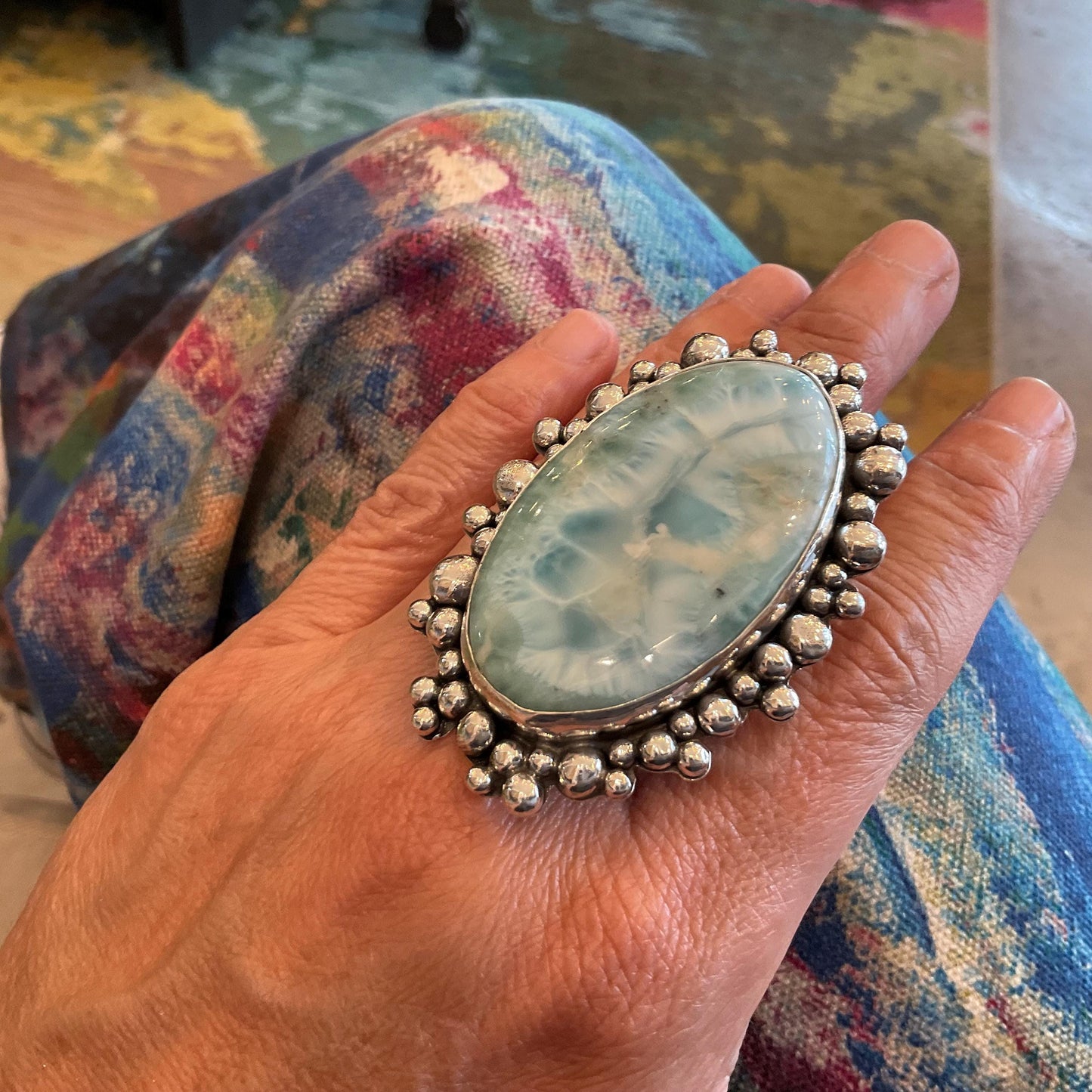 Sterling silver massive Dominican Larimar adjustable cuff ring 7 8 9 Colors Of Etnika
