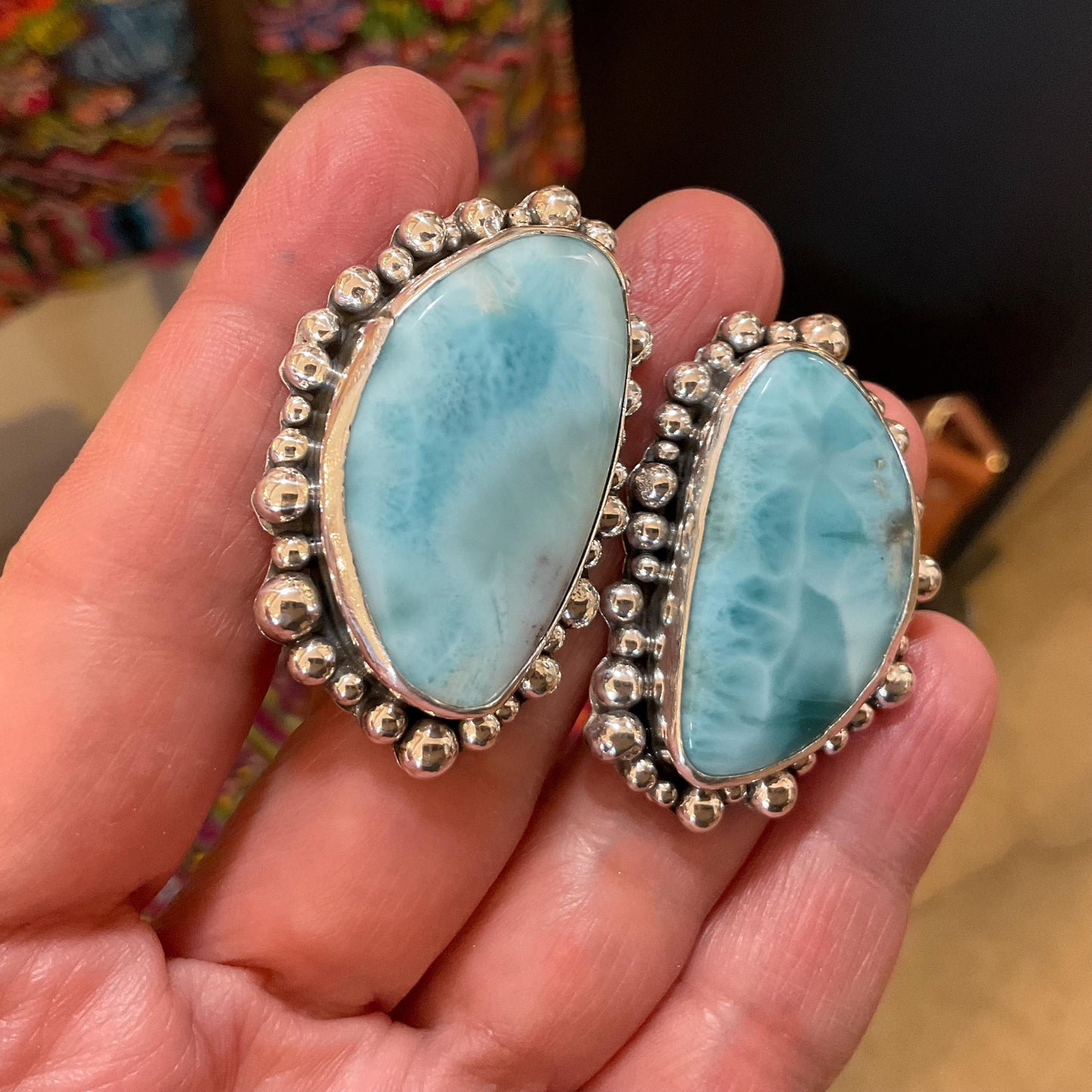 Sterling Silver Dominican larimar large post modernist earrings