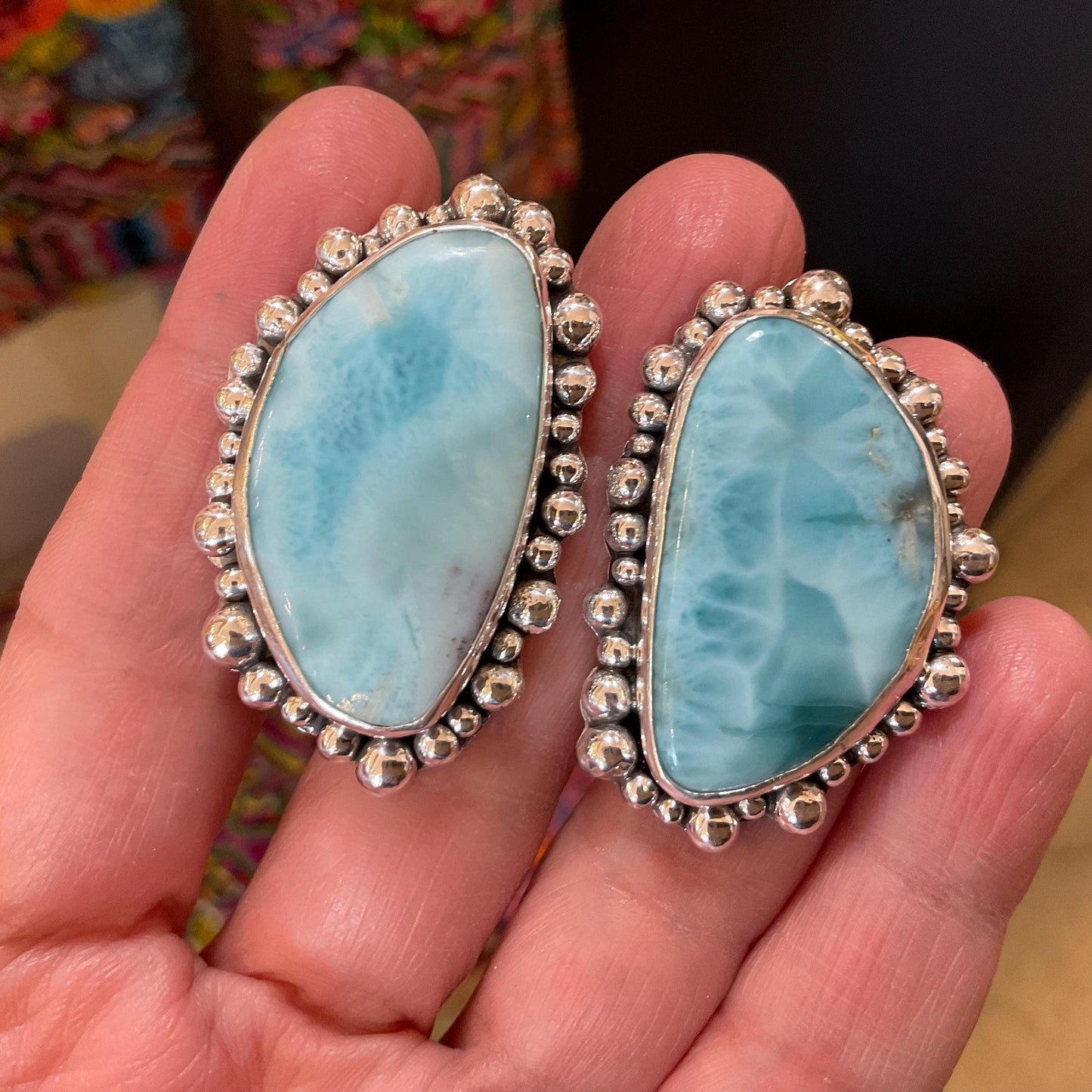Sterling Silver Dominican larimar large post modernist earrings