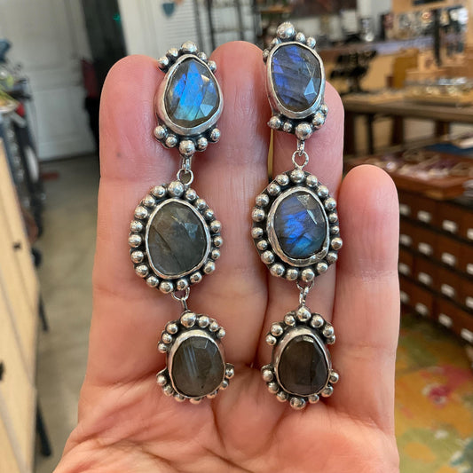 Sterling Silver labradorite long dangle statement earrings