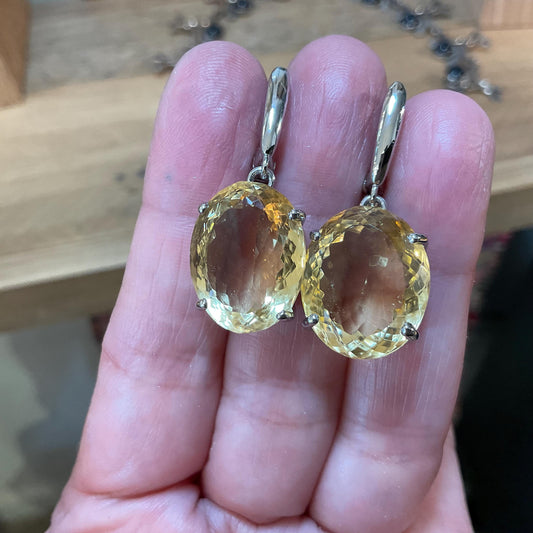 Sterling silver natural citrine dangle oval earrings