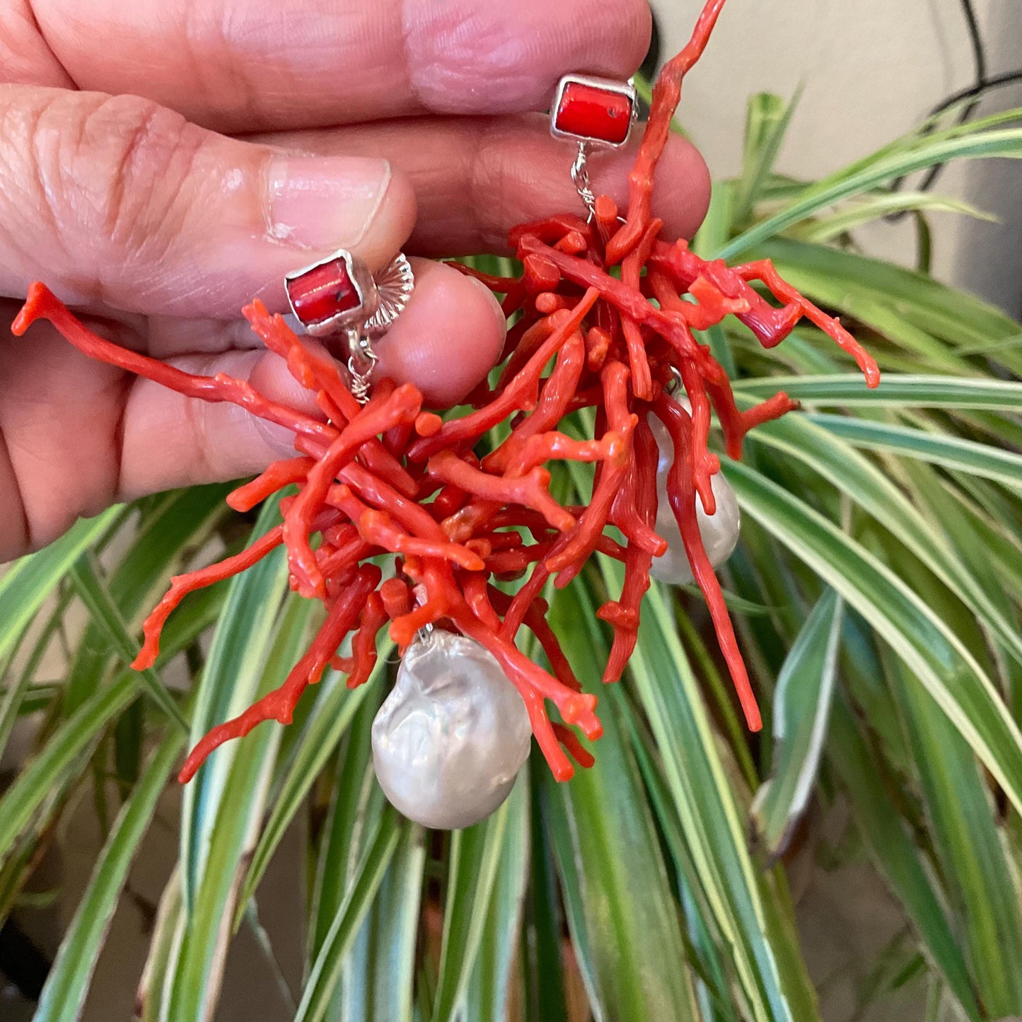 Sterling Silver baroque pearl statement coral long earrings