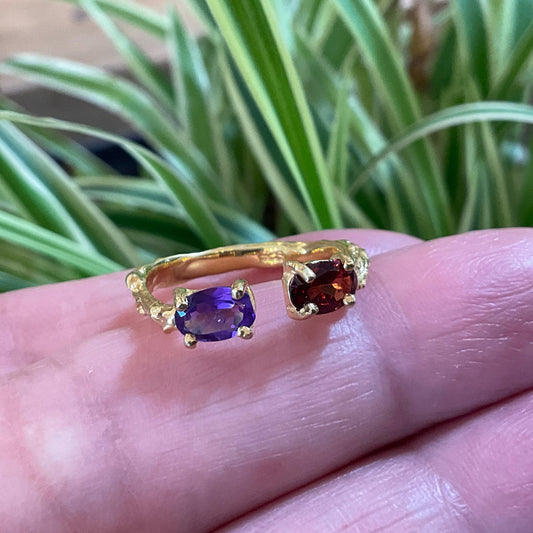 sterling silver dainty gold red rhodolite amethyst  band stackable ring open 5 6