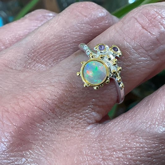 Sterling Silver Natural rainbow opal amethyst dainty Ring 7.5