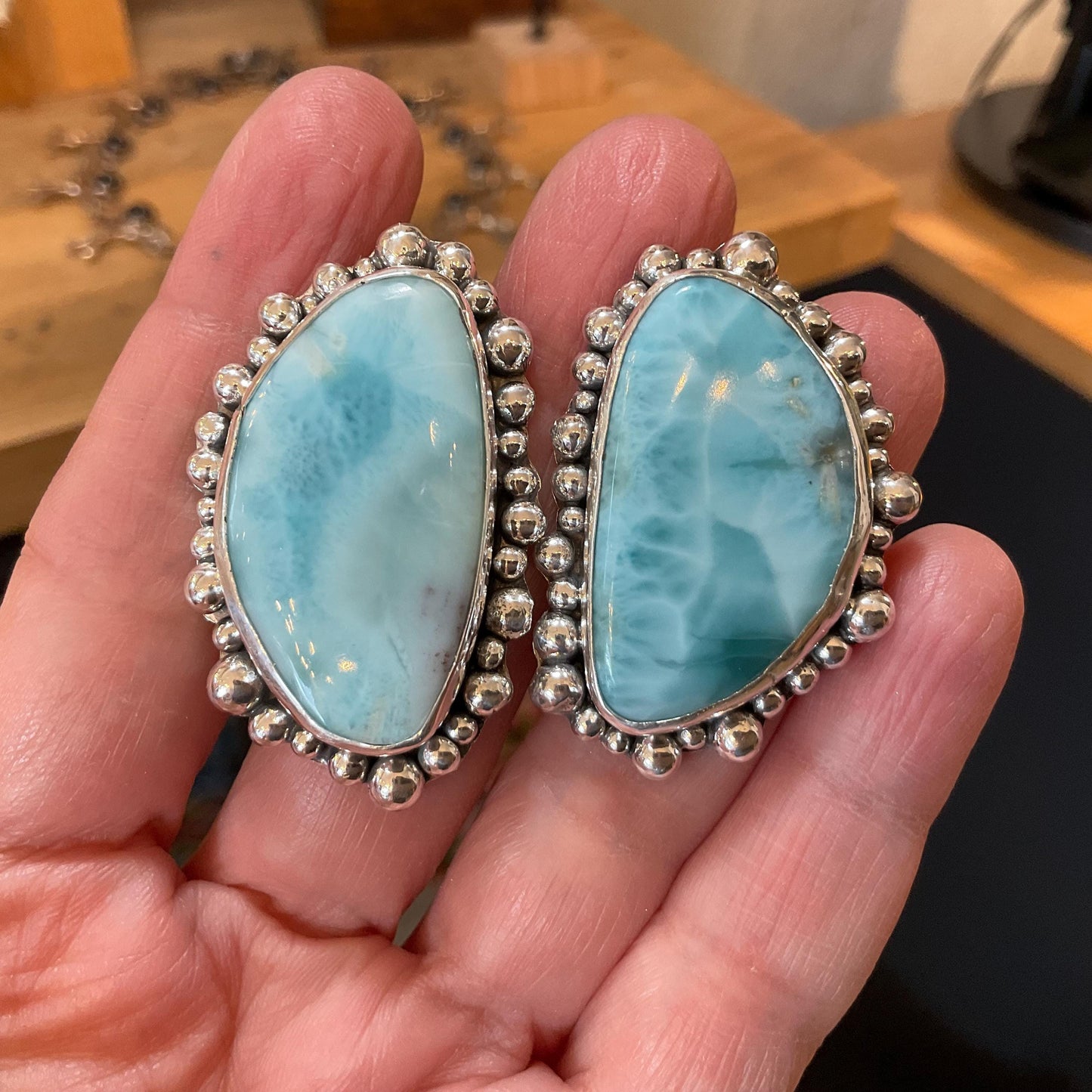 Sterling Silver Dominican larimar large post modernist earrings