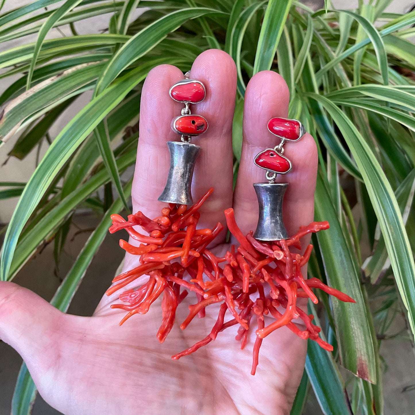 Sterling Silver ethnic statement coral long earrings