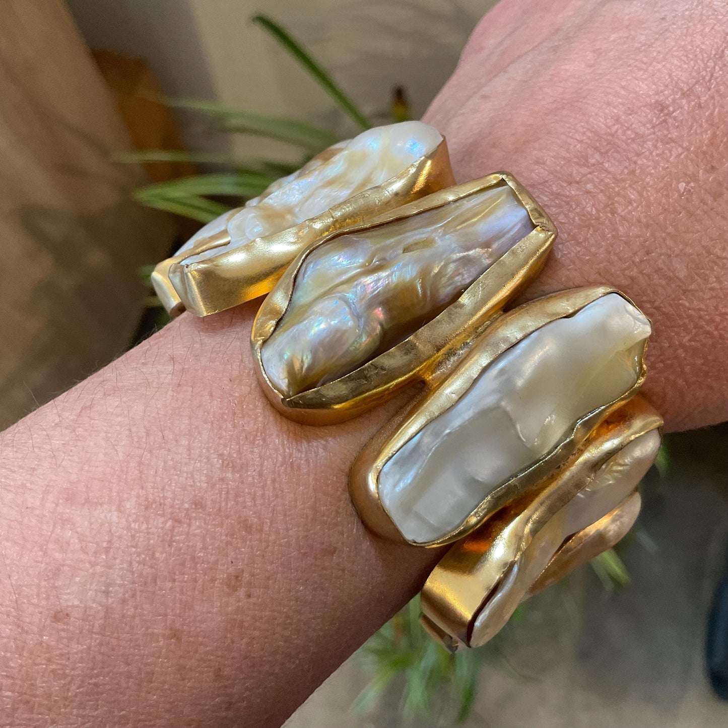 Gold plated brass statement large natural baroque pearl cluster bracelet