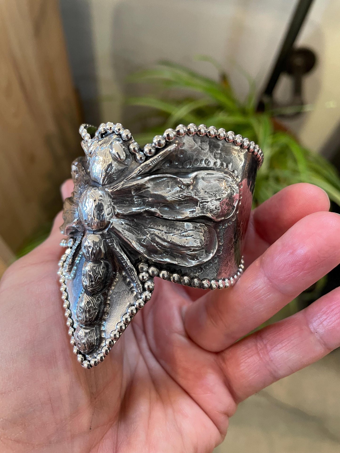 sterling silver repousse dragonfly bracelet artisan cuff