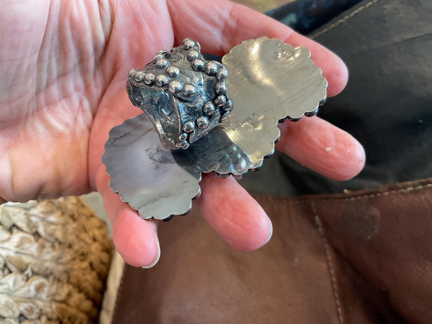 sterling silver huge brutalist butterscotch Baltic amber egg yolk cuff ring 7.5-10