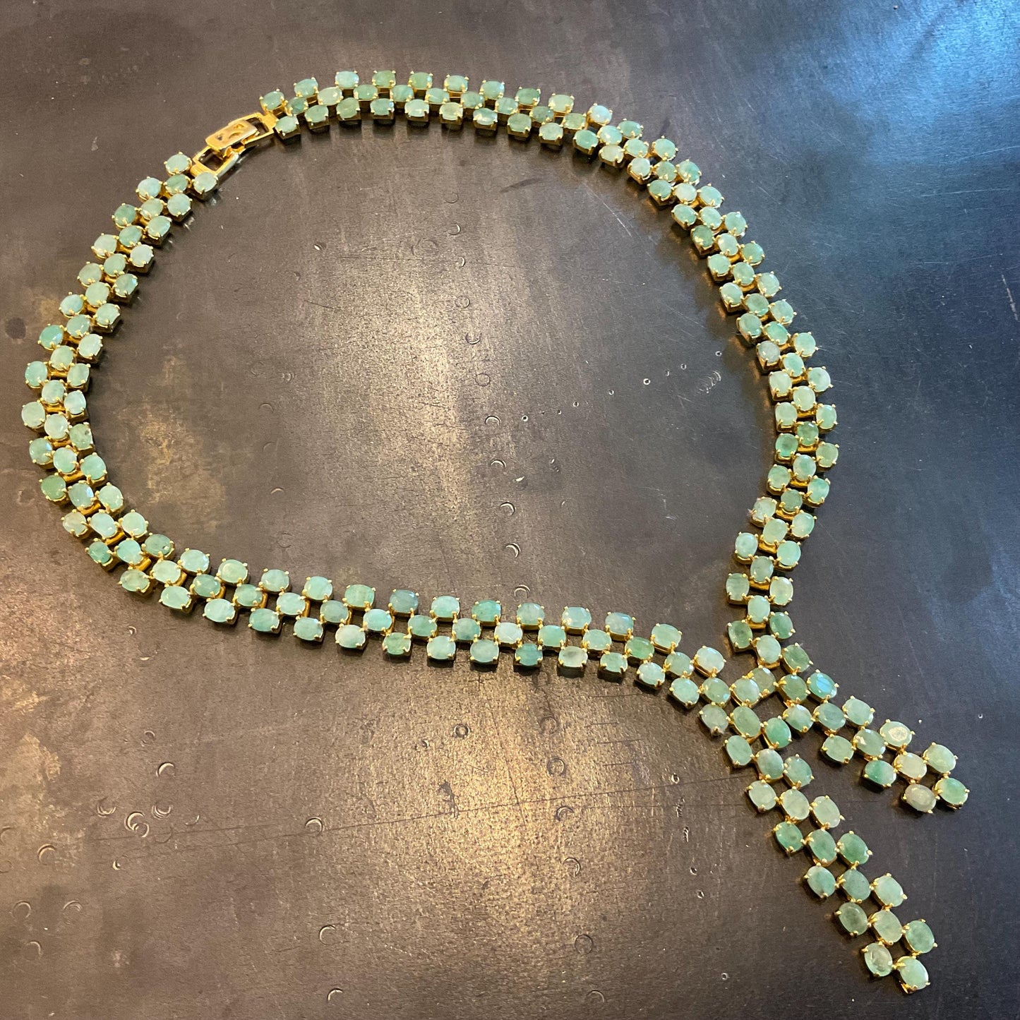 Sterling silver statement natural Emerald gold Necklace lariat