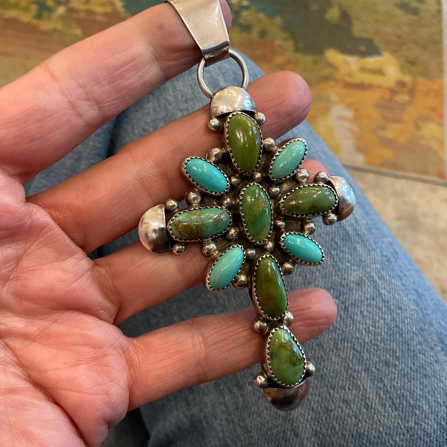 sterling silver genuine turquoise Oversize huge cross Pendant