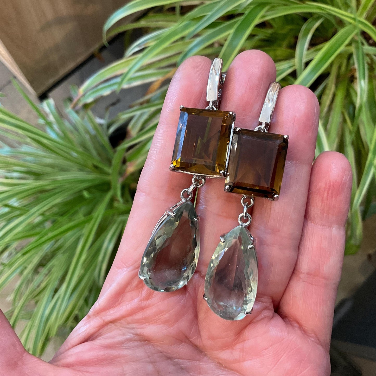 Sterling silver citrine emerald cut green pear shape amethyst statement earrings