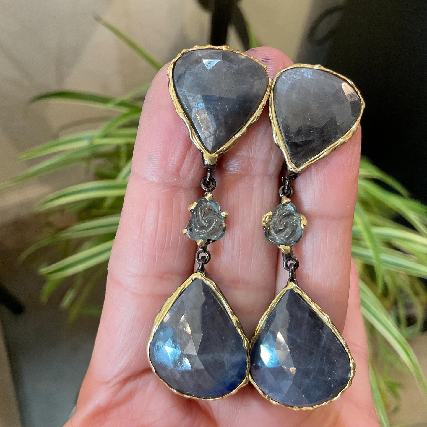 sterling silver statement natural sapphire tourmaline rose dangle earrings