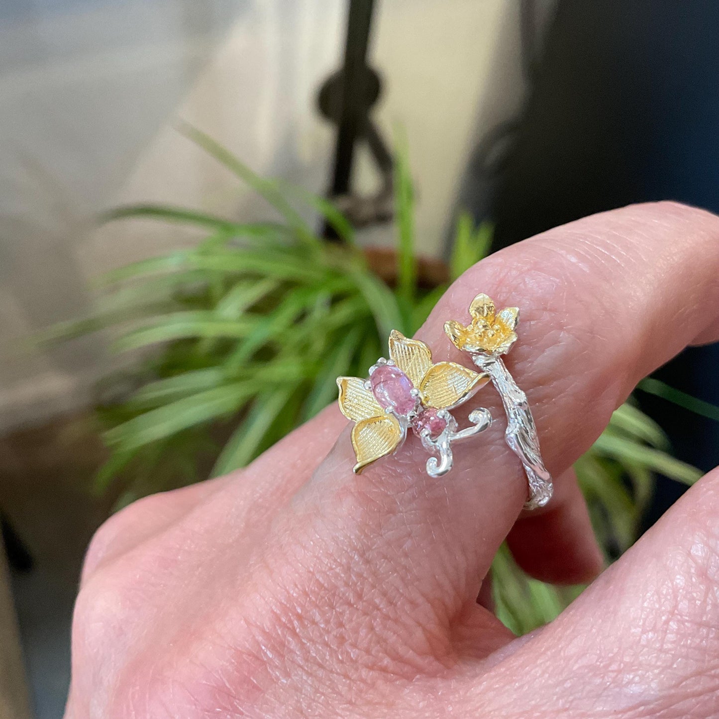 sterling silver butterfly pink tourmaline adjustable open ring 7 7.5 8 8.5 Colors Of Etnika