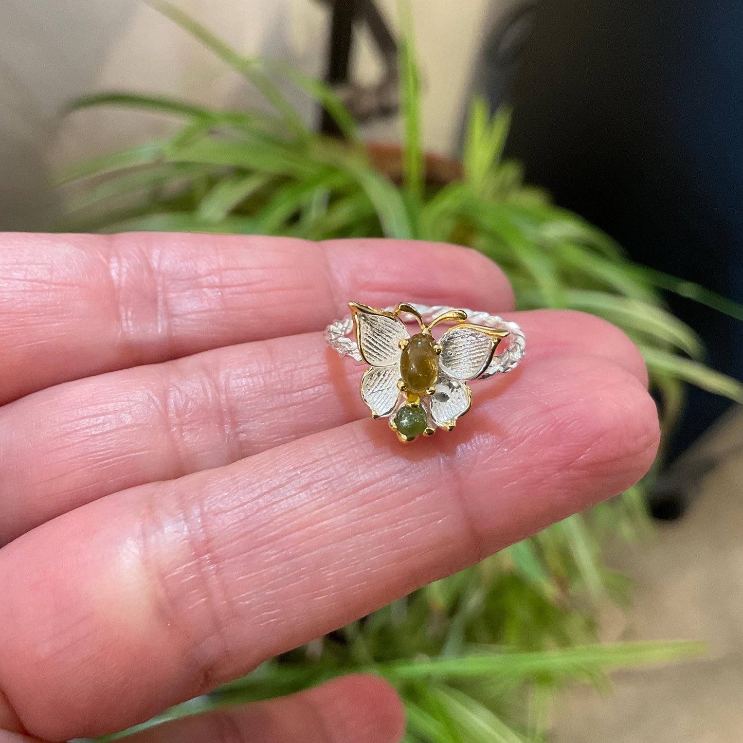 sterling silver butterfly natural green yellow tourmaline ring 5