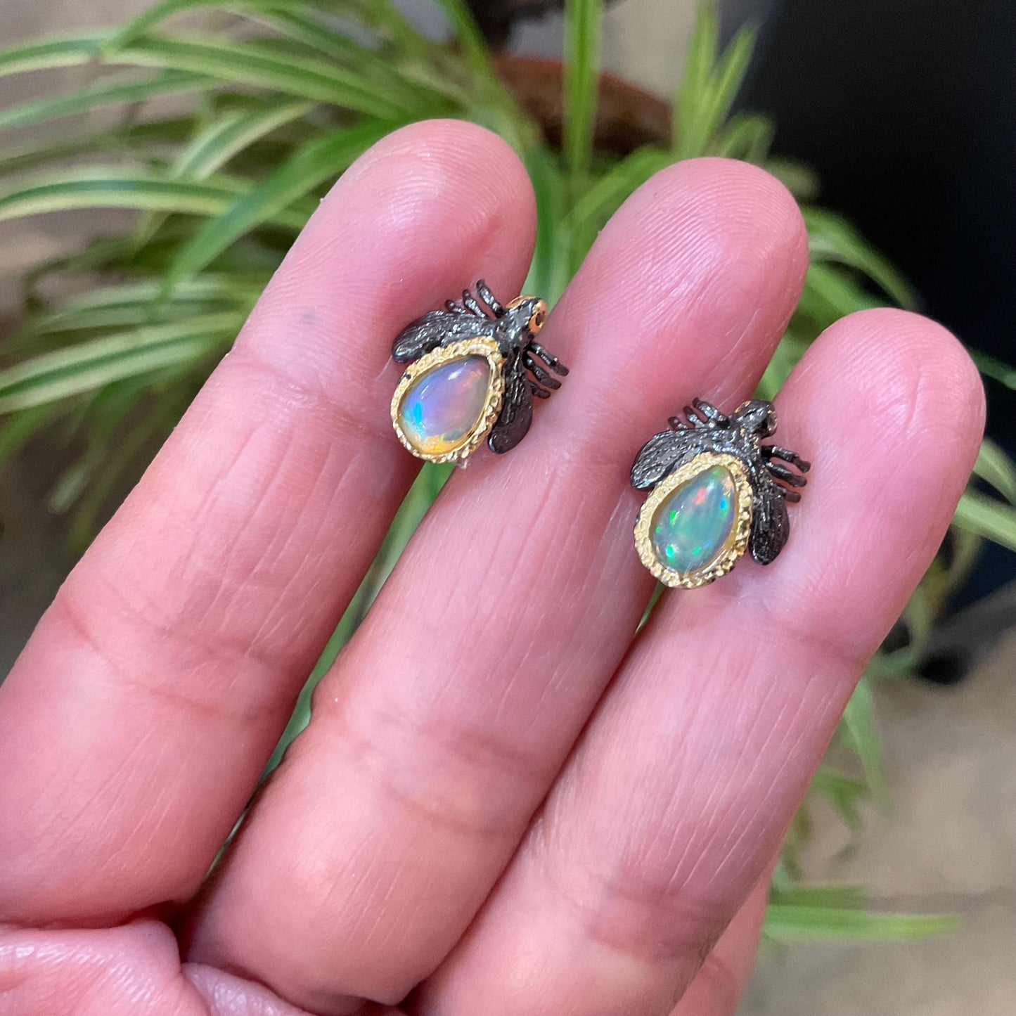 Sterling Silver natural rainbow opal bee stud earrings