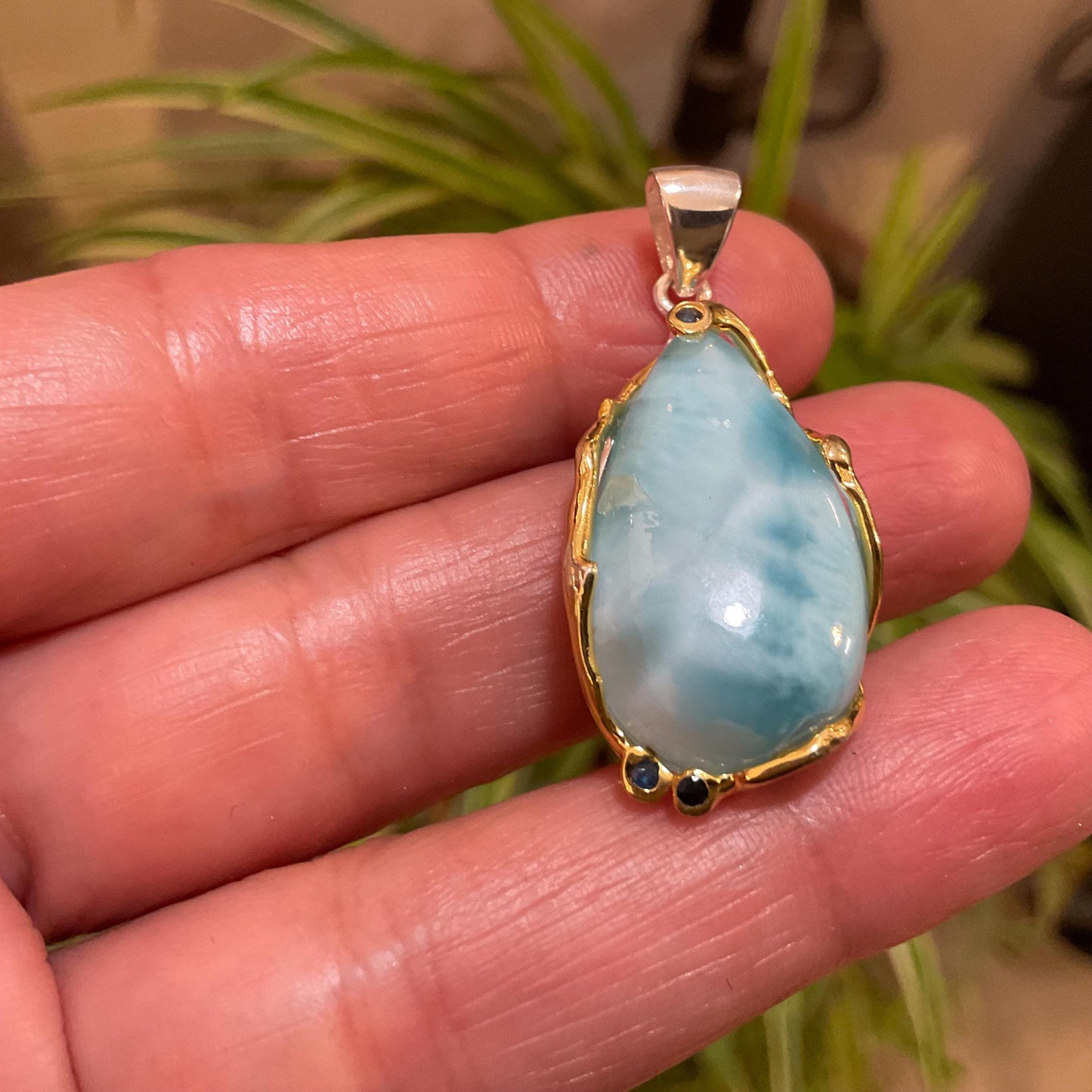 Sterling silver blue Dominican Larimar pendant with sapphire
