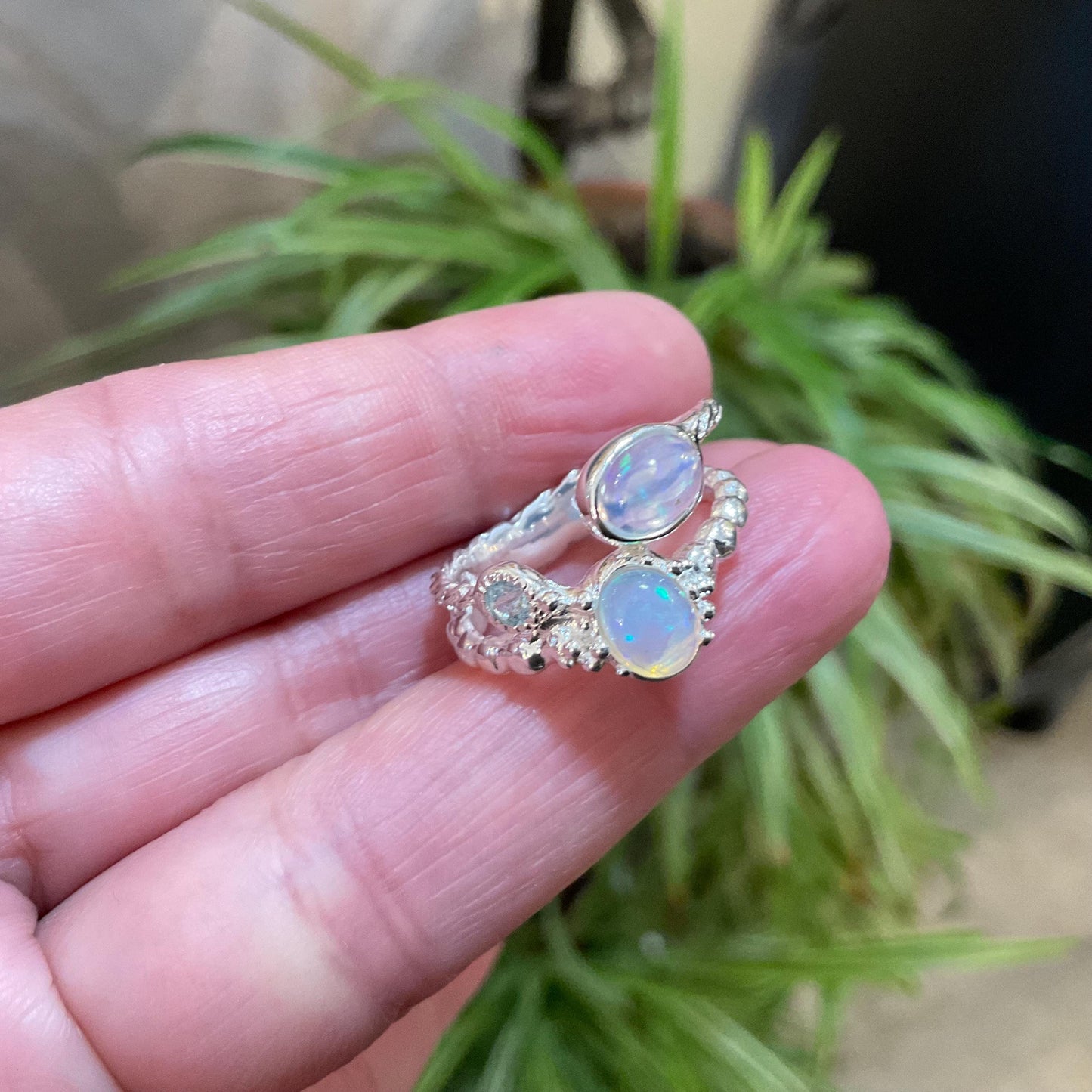 sterling silver Natural rainbow opal blue topaz ring 7.5