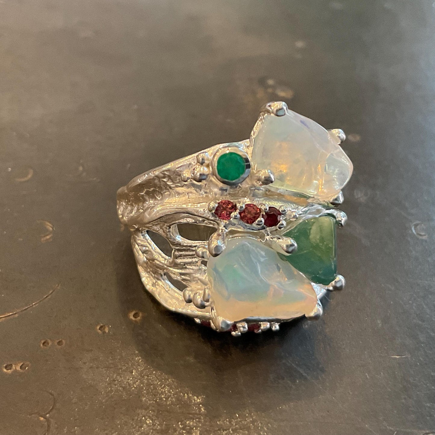 sterling silver rainbow natural rough rainbow rhodolite tourmaline opal band ring 8