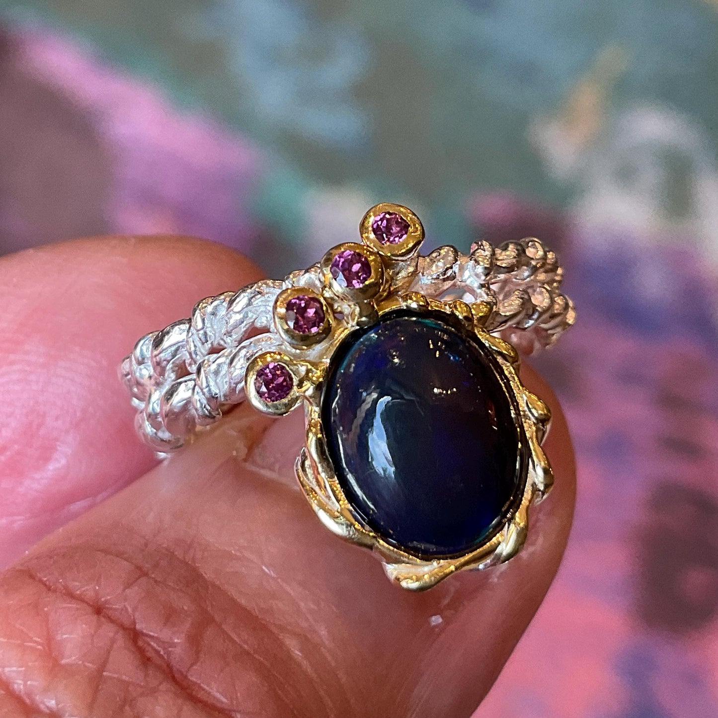 Natural black blue fire opal rhodolite Sterling Silver Ring 7