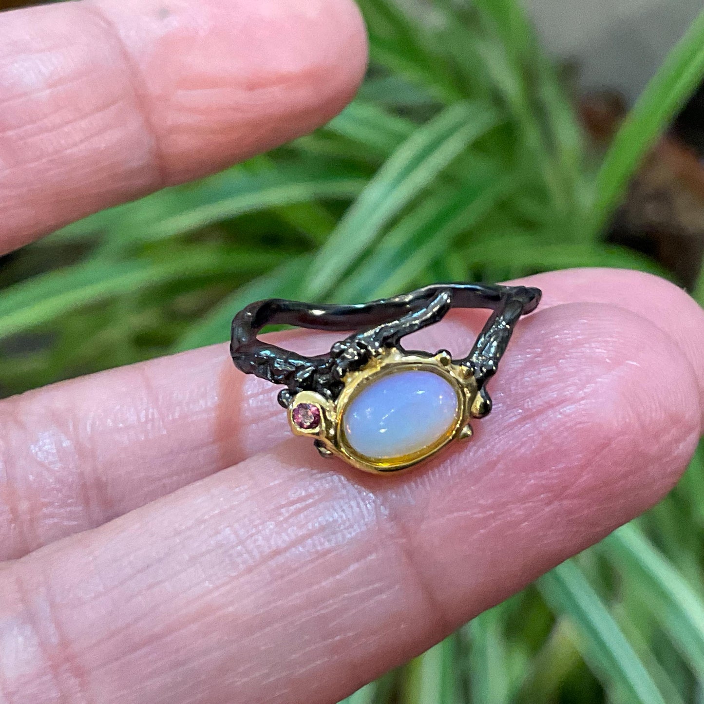 Sterling Silver Natural rainbow opal dainty organic twig Ring 6