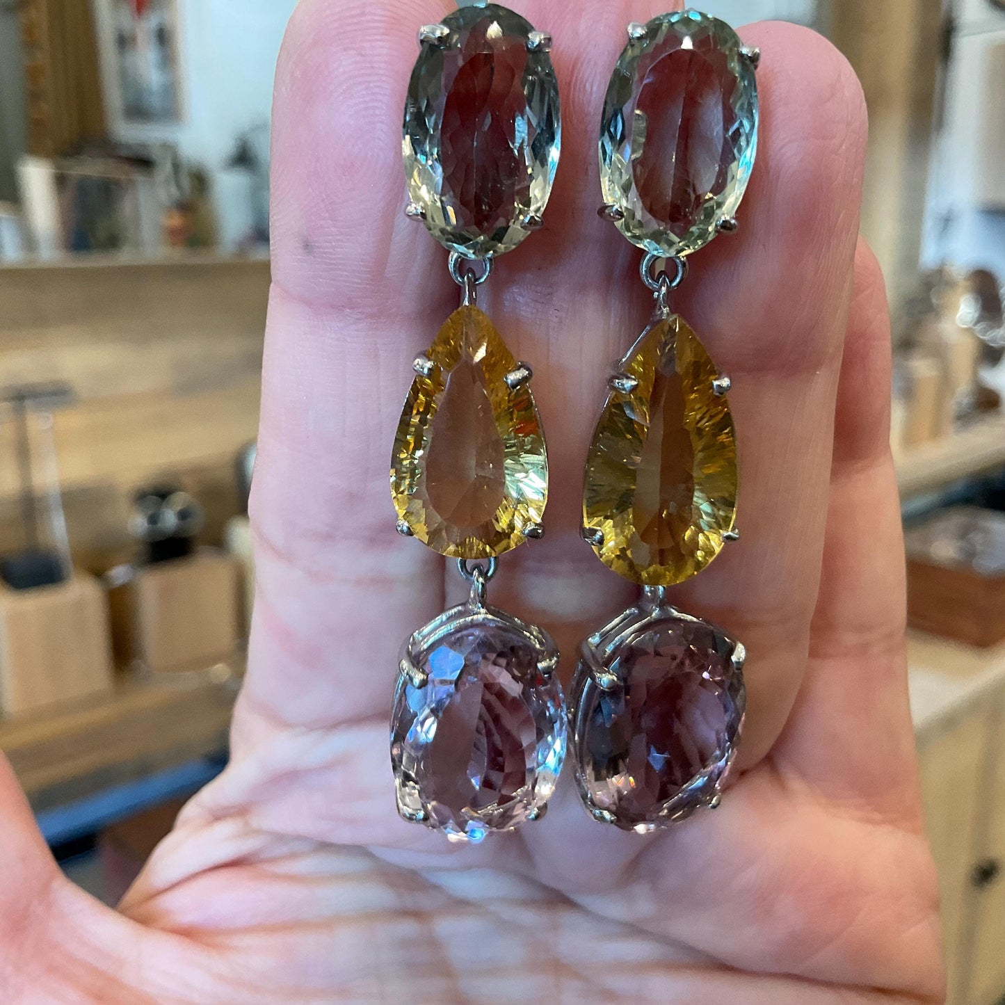 Sterling silver Ametrine citrine green amethyst dangle fancy earrings