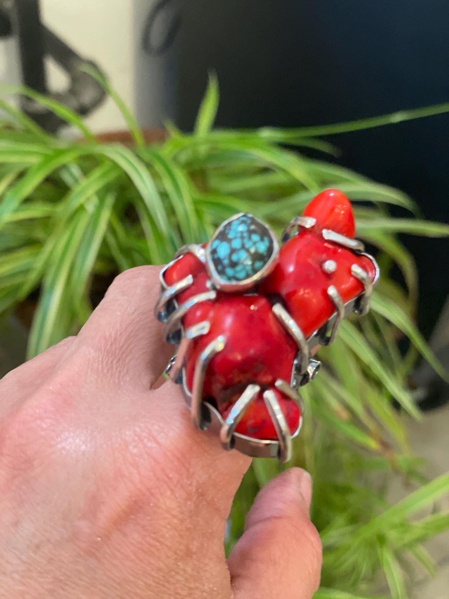 Sterling massive red coral branch turquoise brutalist huge cuff ring