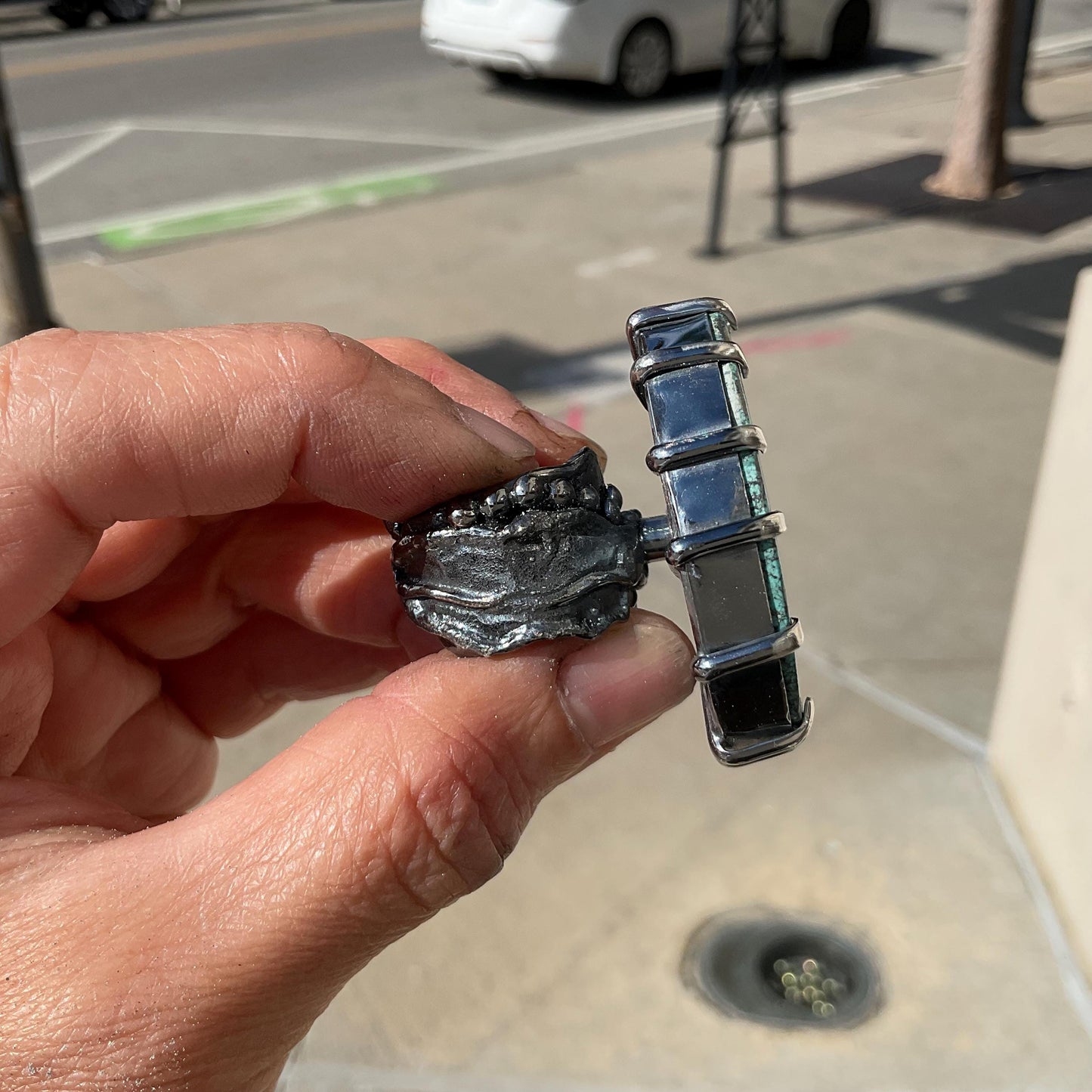 Sterling Statement turquoise huge adjustable brutalist art cuff ring