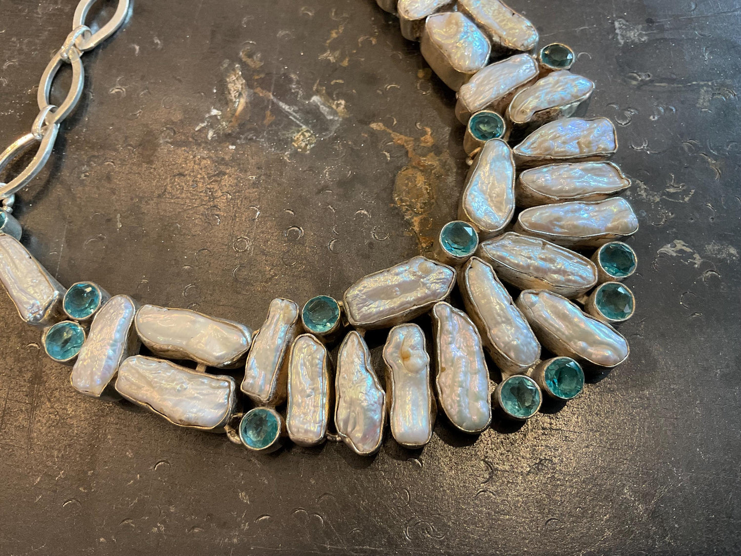 sterling silver Natural biwa Pearl vintage Statement necklace