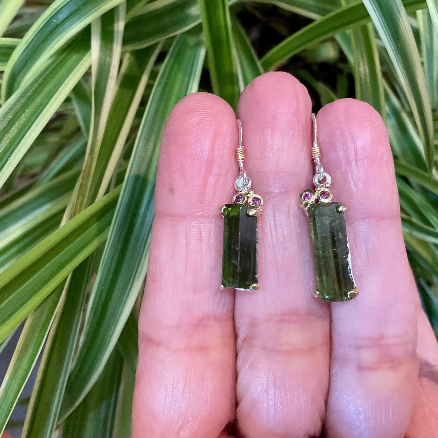 Artisan Sterling Silver rough green tourmaline dangle earrings
