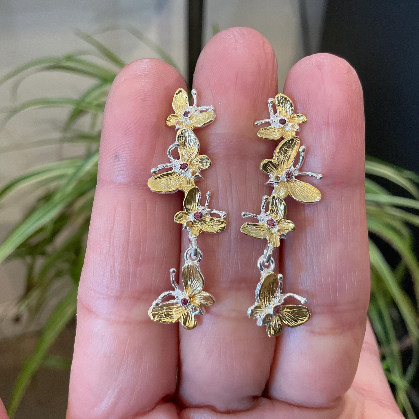 sterling silver statement rhodolite butterfly stud dangle earrings