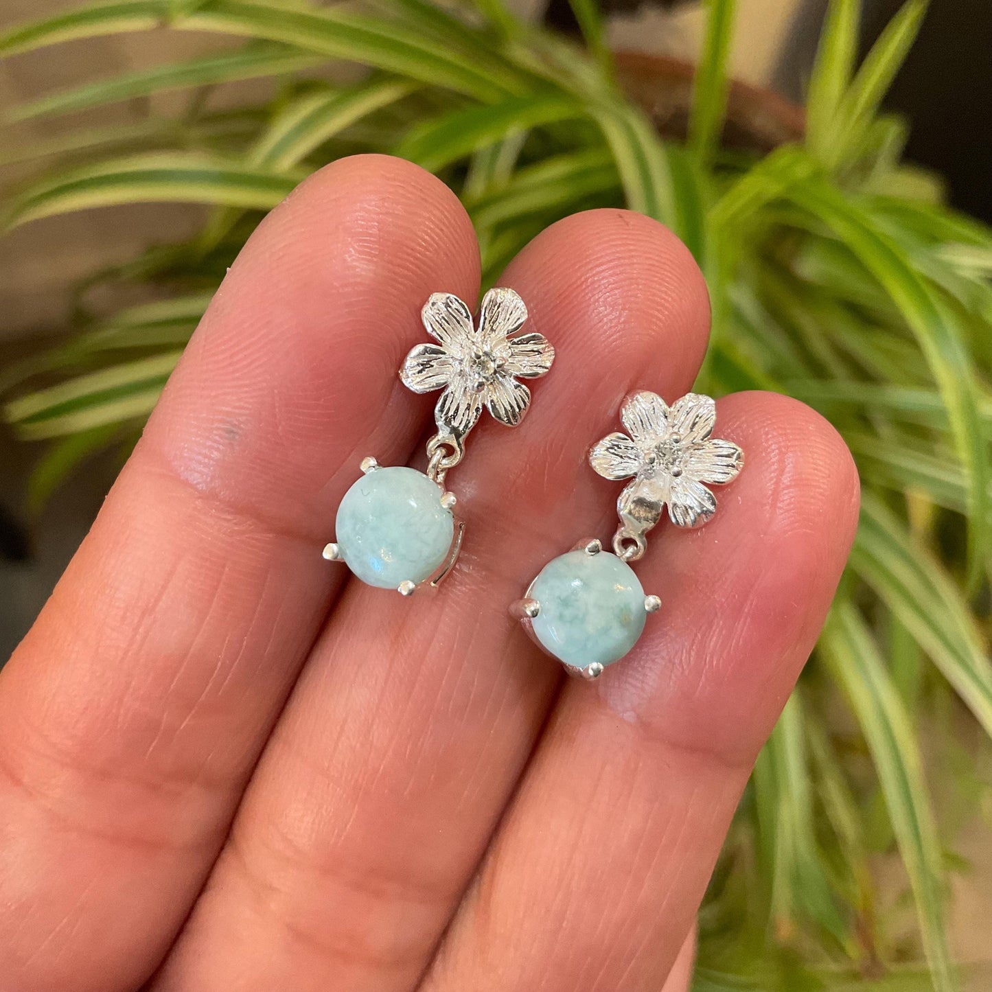 Dominican blue Larimar flower post dangle Earrings