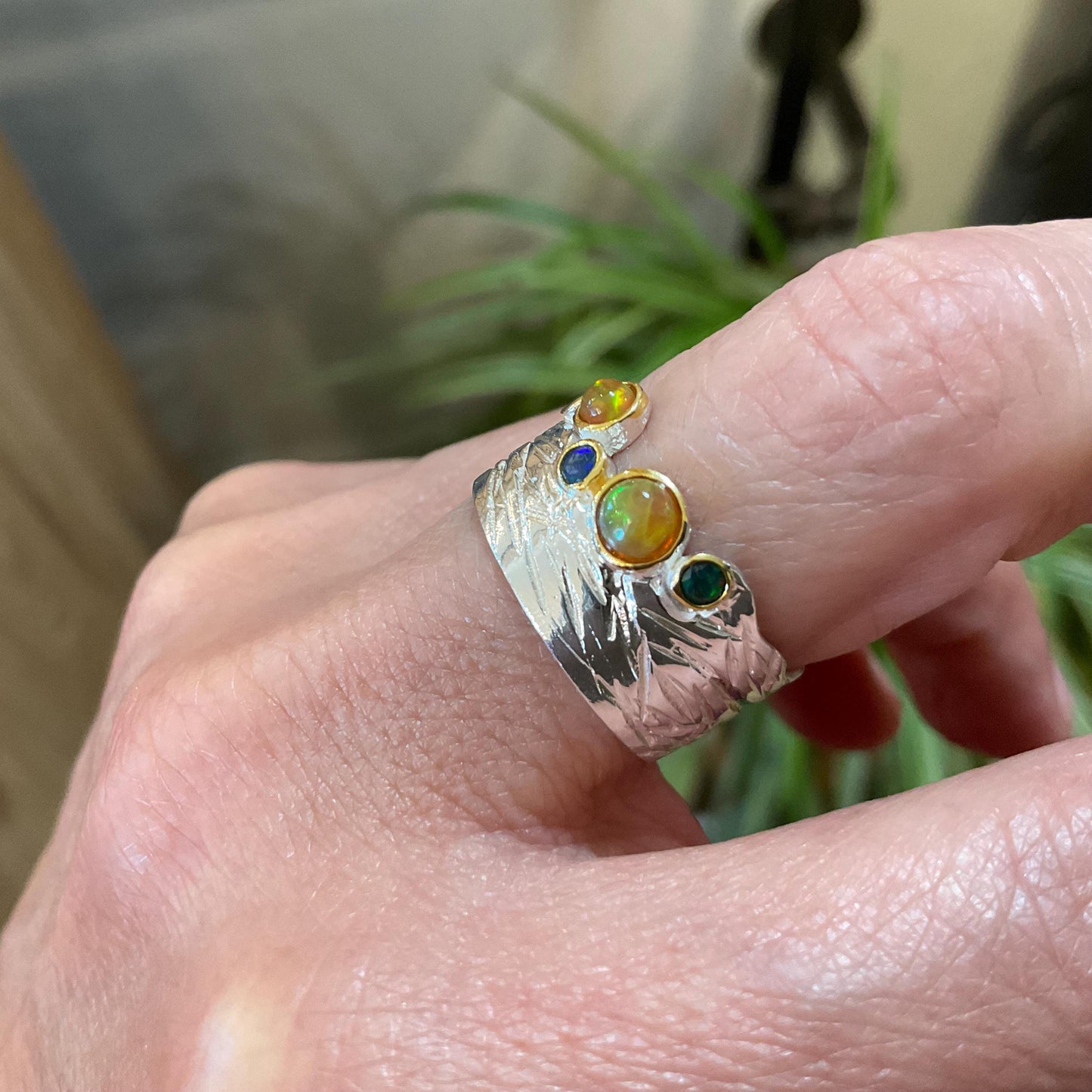 sterling silver Natural opal band ring 7.5