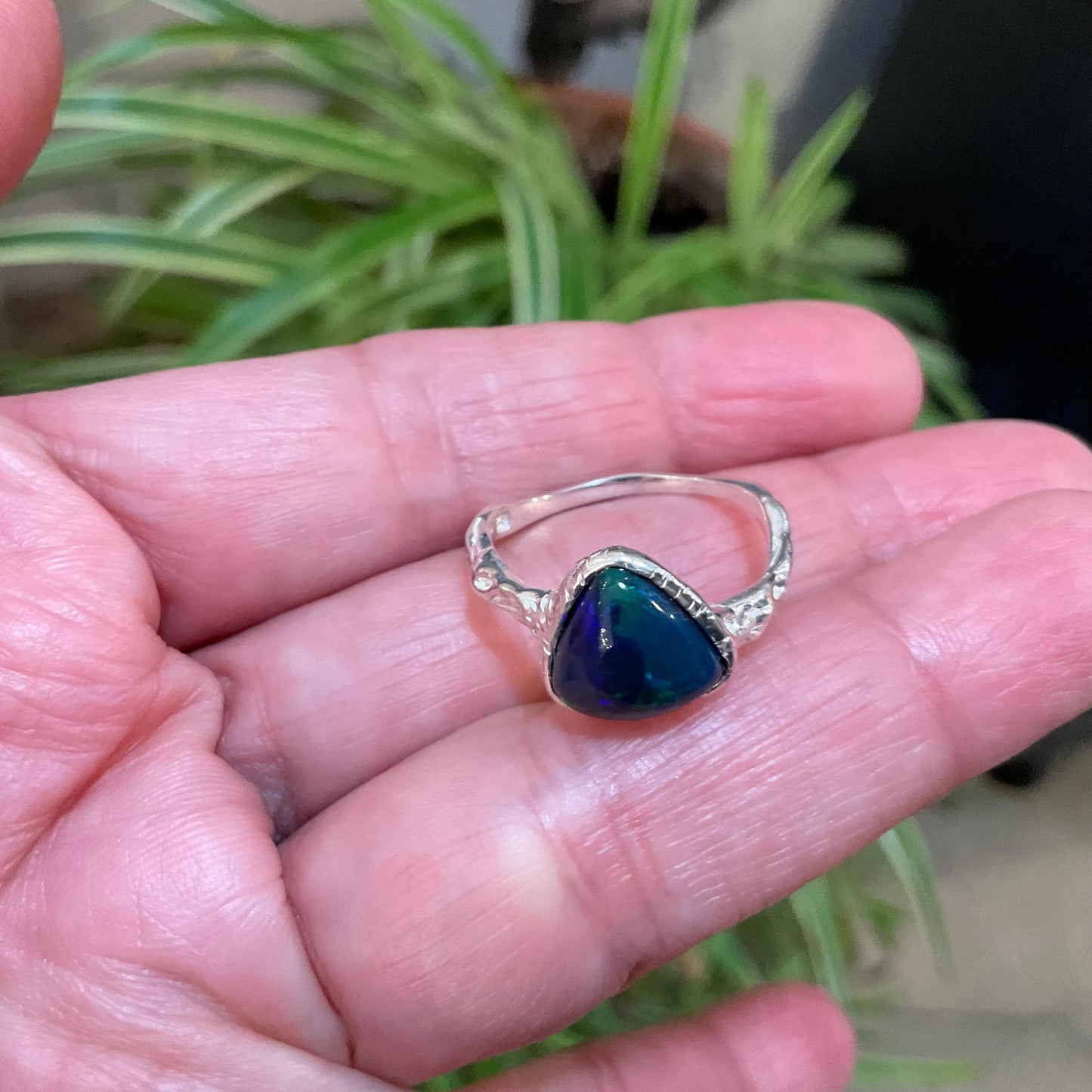 Natural black blue fire opal Sterling Silver Ring 7.5