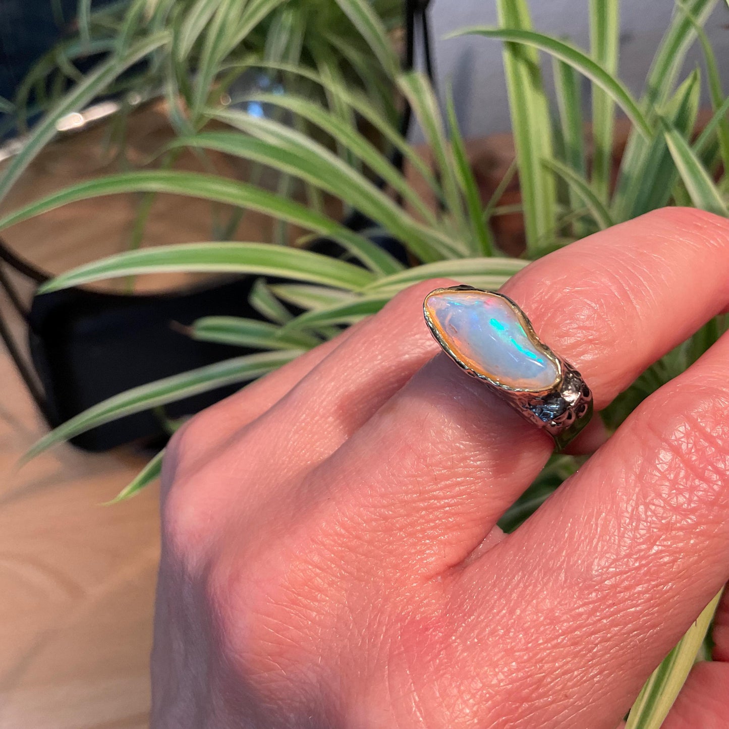 sterling silver natural rough fire opal square band ring 6.5 Colors Of Etnika
