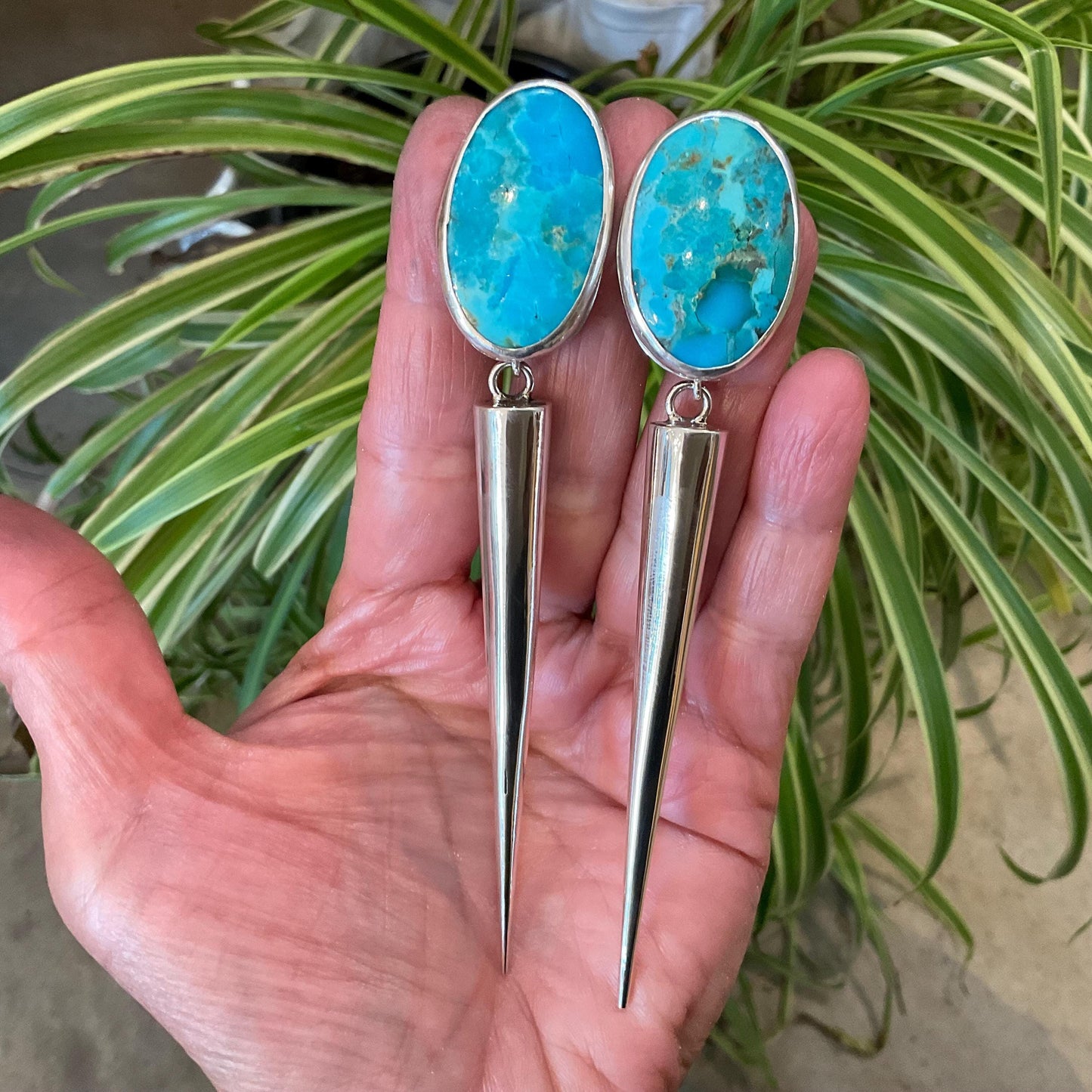 Sterling Silver large kingman turquoise long dangle spike earrings 4.5” long Colors Of Etnika
