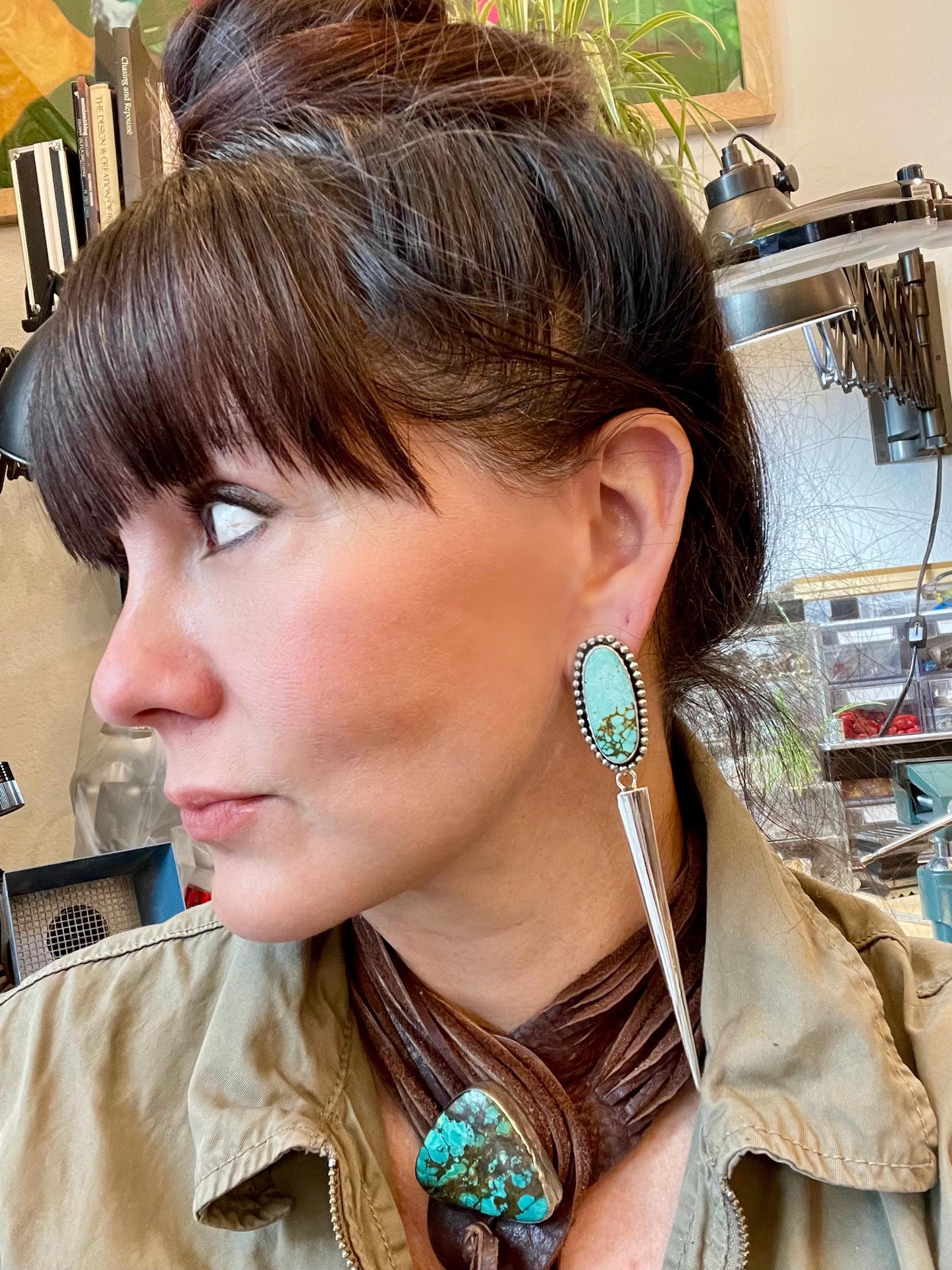 Sterling Silver large turquoise long dangle spike earrings 4.5” long